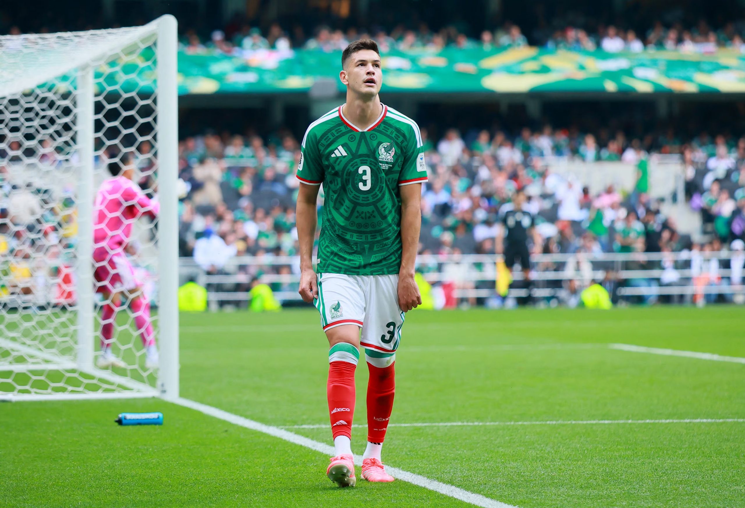 Soccer Football - FIFA World Cup 2026 - Group A - Mexico v South Africa - Estadio Azteca, Mexico City, Mexico - June 11, 2026 Mexico's Cesar Montes looks dejected after being shown a red card by referee Wilton Sampaio REUTERS/Eloisa Sanchez