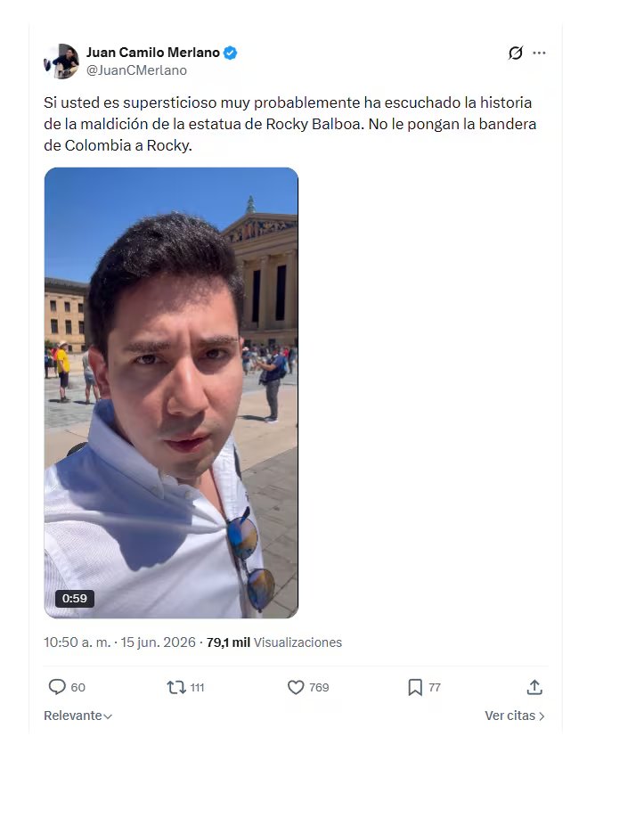 En su perfil de X, el periodista Juan Camilo Merlano habló sobre la superstición con la estatua de Rocky - crédito @JuanCMerlano/X