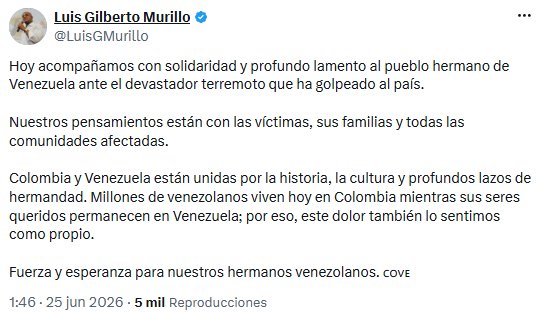Luis Gilberto Murillo resaltó la hermandad colombo-venezolana y envió mensaje de aliento tras el terremoto - crédito @LuisGMurillo/X
