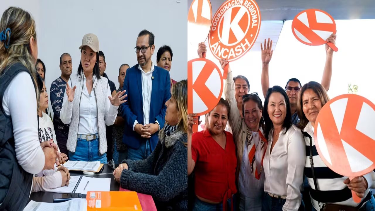 Keiko Fujimori, líder de Fuerza Popular, se reúne con la comunidad y luego celebra con simpatizantes que muestran el símbolo 'K' en un evento en Ancash. (Keiko Sofia Fujimori Higuchi﻿ Facebook)