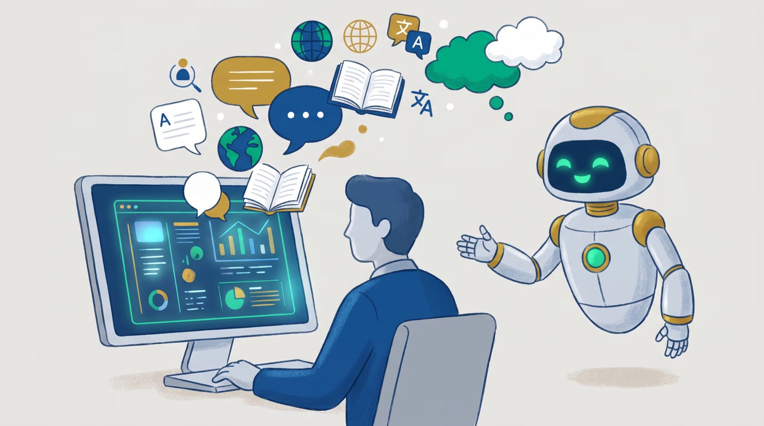 Una persona interactúa con una interfaz digital mientras un robot amigable extiende su mano, rodeados de símbolos de aprendizaje y comunicación que emergen de la pantalla, destacando la colaboración y la inclusión en la era digital. (Imagen Ilustrativa Infobae)