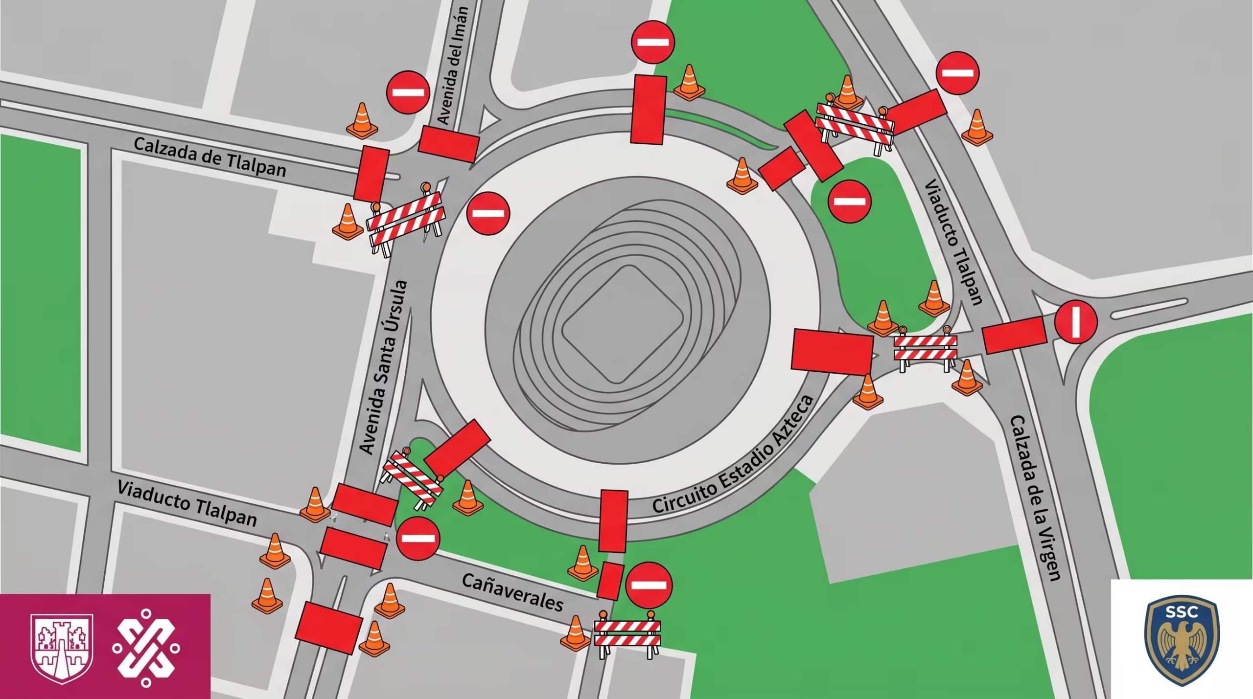 Un mapa plano ilustra los cierres viales con conos y vallas alrededor del Estadio Azteca, mostrando las calles afectadas y logos del Gobierno de la CDMX y la SSC para informar a los ciudadanos. (Imagen Ilustrativa Infobae)