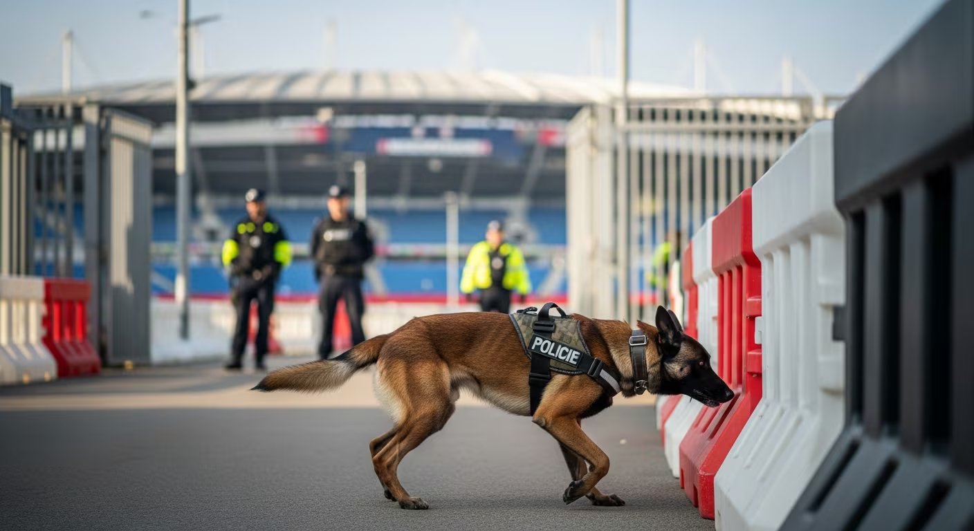 Un perro policía realiza tareas de inspección junto a barreras de seguridad en los alrededores de un estadio, mientras agentes vigilan el acceso. El operativo se desarrolla en el marco de medidas preventivas para garantizar la seguridad de los asistentes a un próximo evento deportivo o cultural. (Imagen Ilustrativa Infobae)