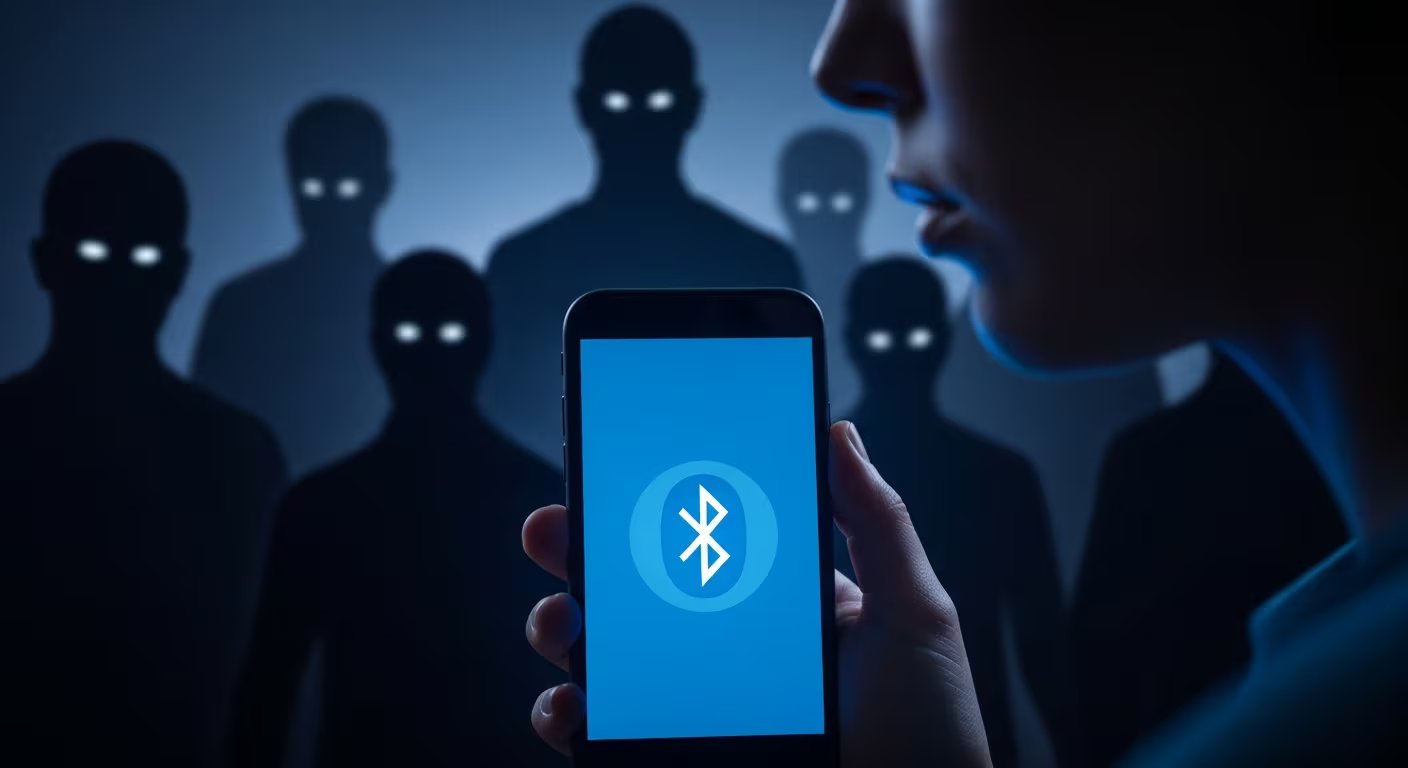 Una persona sostiene un teléfono móvil con Bluetooth activado, mientras siluetas de ciberdelincuentes acechan en el fondo, simbolizando los peligros de seguridad. (Imagen Ilustrativa Infobae)