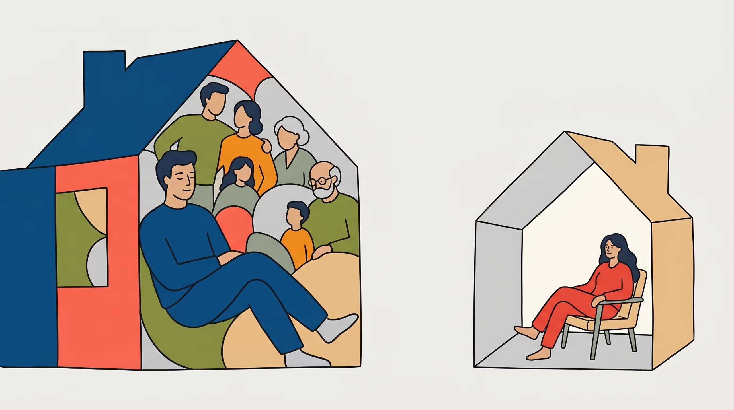 Una ilustración editorial plana muestra el contraste entre una casa grande y concurrida llena de una familia multigeneracional y una casa pequeña y minimalista habitada por una mujer sola. (Imagen Ilustrativa Infobae)