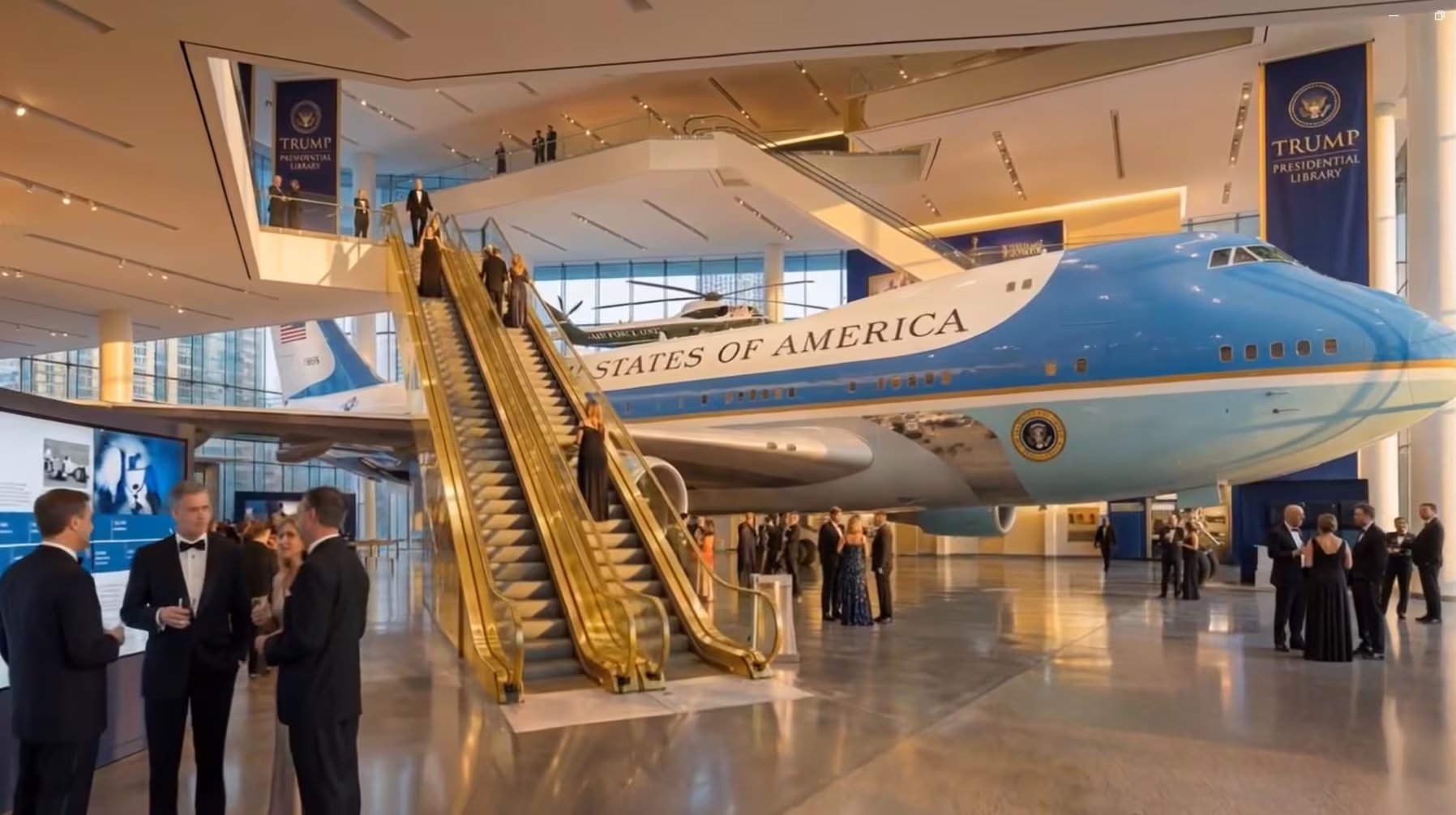 Invitados asisten a un evento donde se desvelan detalles de la futura Biblioteca Presidencial Donald J. Trump, con una impactante réplica a tamaño real del Air Force One como pieza central (X/Eric Trump)