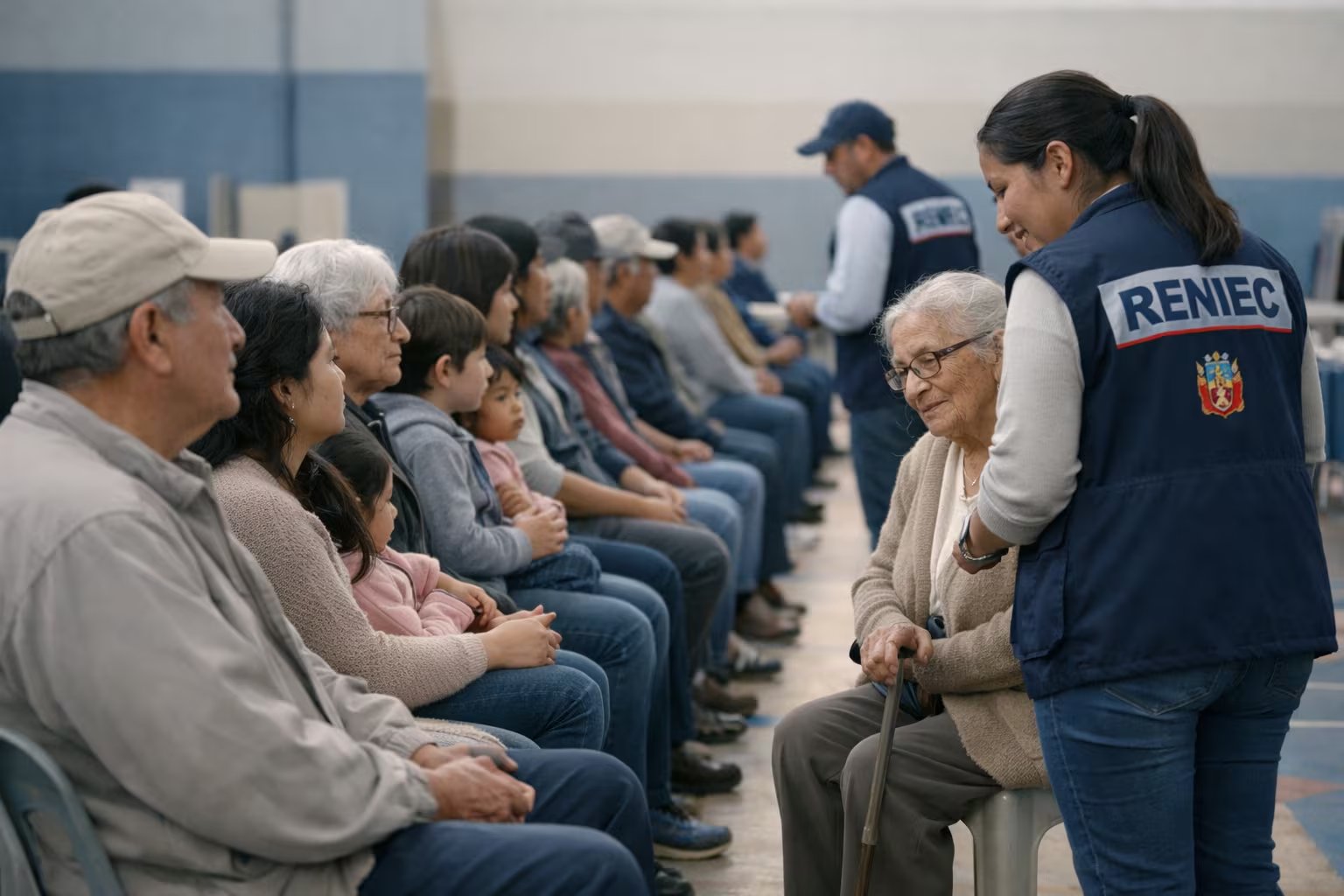 Un grupo diverso de ciudadanos, incluyendo niños, adultos mayores y familias, espera ser atendido por personal de Reniec en un polideportivo, reflejando un ambiente de paciencia y acompañamiento. (Imagen Ilustrativa Infobae)
