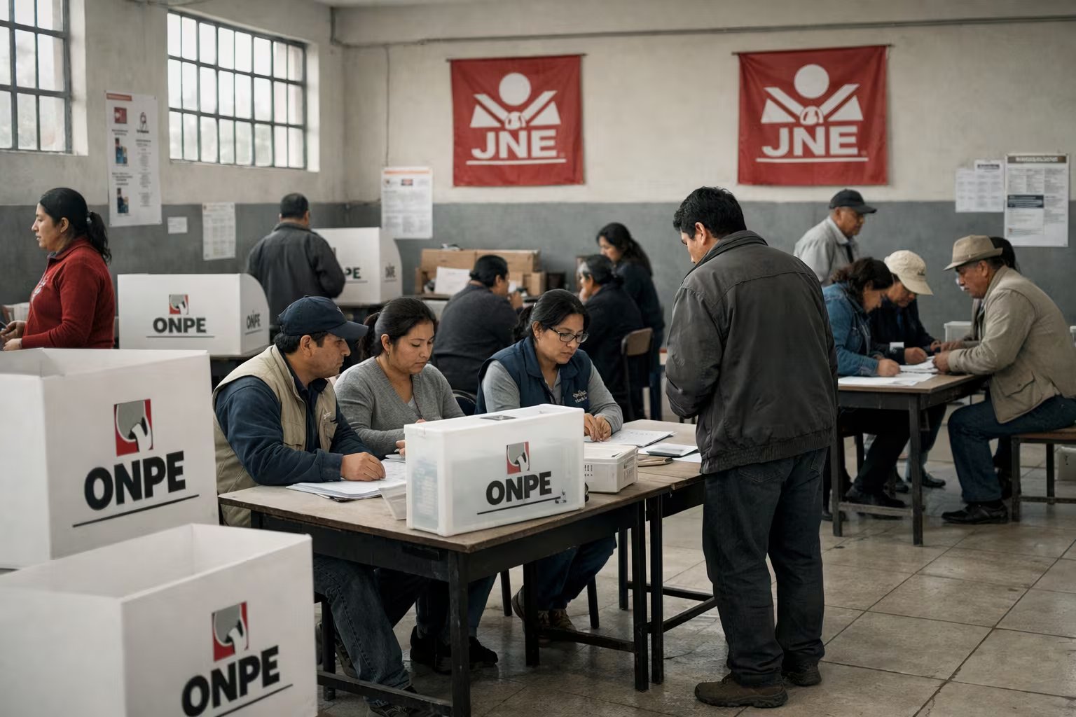 Una amplia escena muestra mesas de votación y cabinas de la ONPE en un centro electoral durante la jornada nacional en Perú, con votantes y miembros de mesa concentrados en sus labores. (Imagen Ilustrativa Infobae)