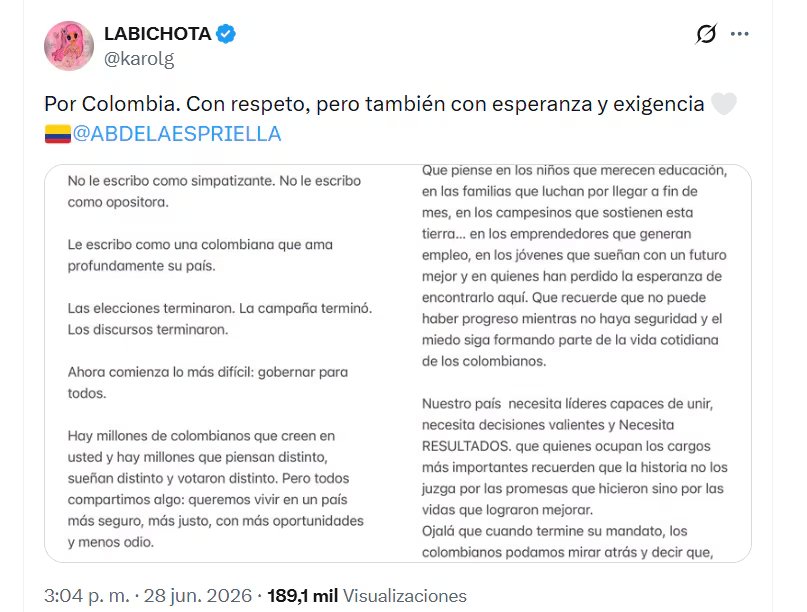 Karol G etiquetó a Abelardo de la Espriella para que leyera su carta - crédito Karol G / X