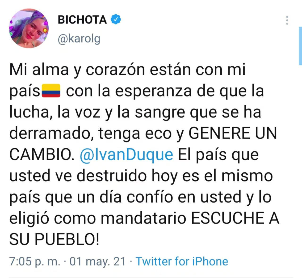 Por medio de sus redes sociales la cantante colombiana ya había arremetido contra la reforma tributaria. Foto: Captura de pantalla de Twitter