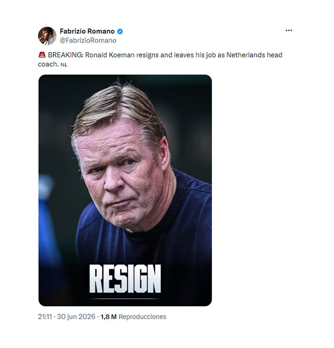 El posteo de Fabrizio Romano sobre la renuncia de Ronald Koeman (@FabrizioRomano)