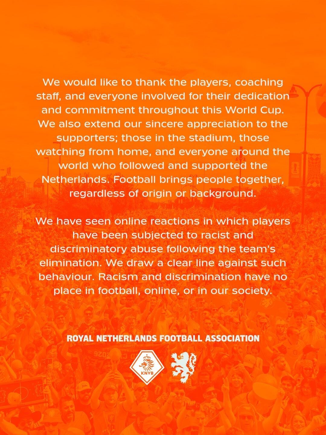 Carta de la federación neerlandesa de fútbol luego de la eliminación de su selección (@KNVB)