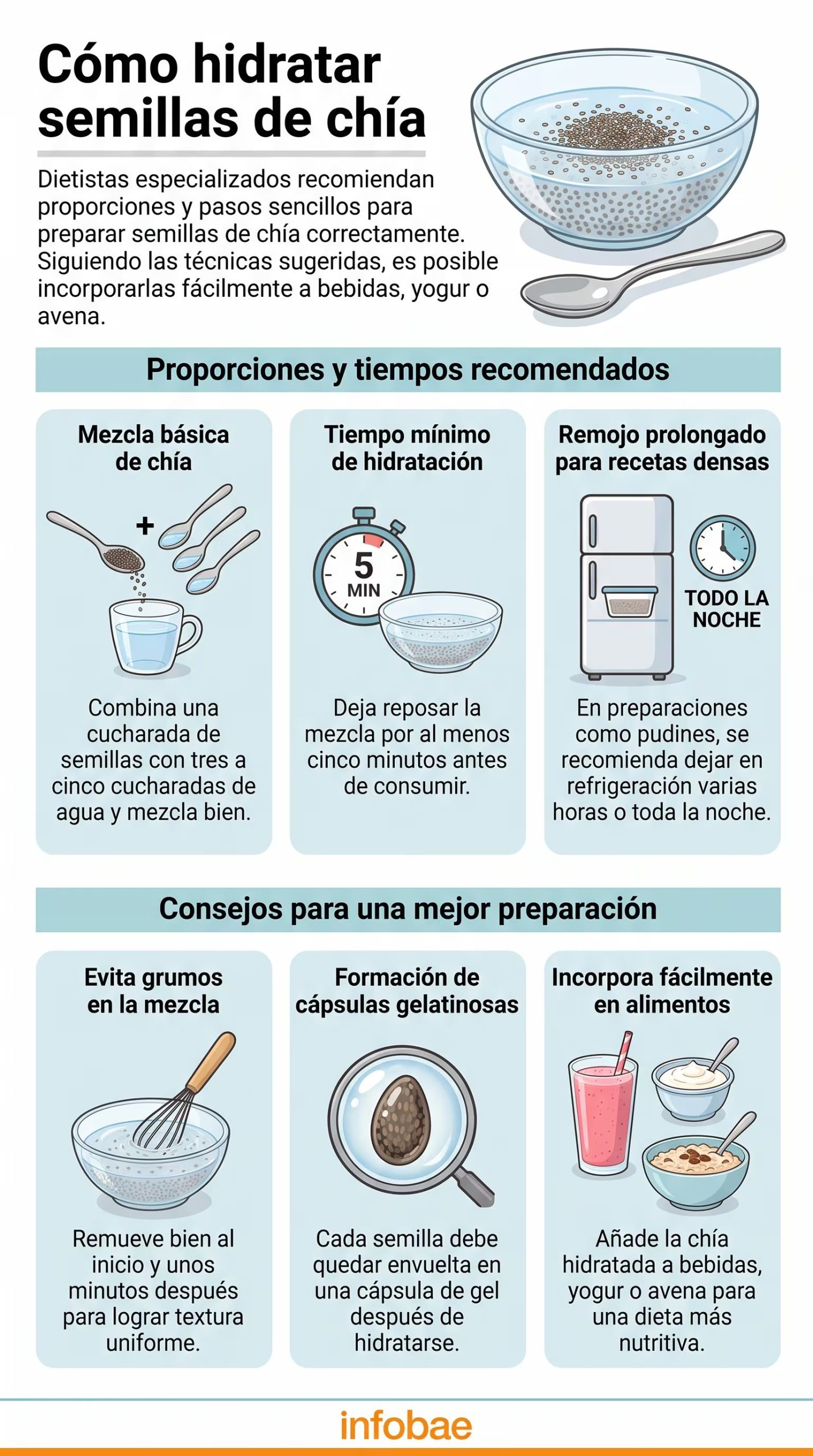 Proporciones, tiempos y consejos para hidratar semillas de chía correctamente, según las recomendaciones de dietistas. (Imagen Ilustrativa elyex)