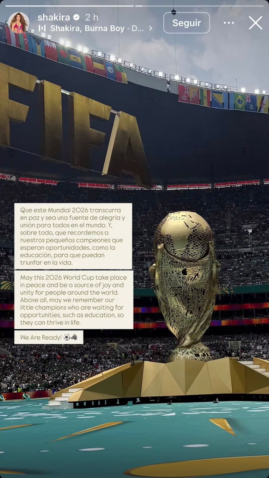 La colombiana envió un mensaje de fraternidad a los amantes del fútbol, y reafirmó su compromiso con la niñez, a tono con la campaña alrededor de 