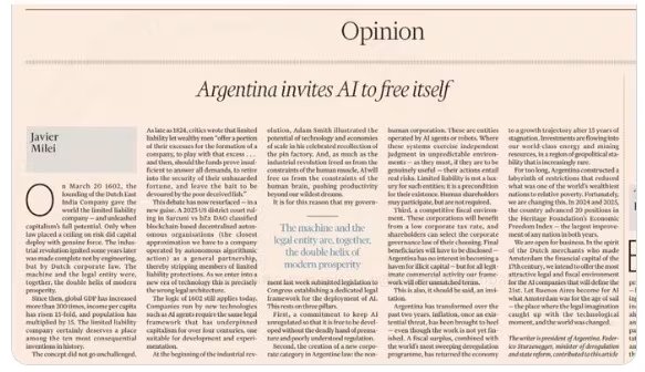 Captura de pantalla de un artículo de opinión en español titulado 'Argentina invita a la IA a liberarse', escrito por Javier Milei. (Financial Times)