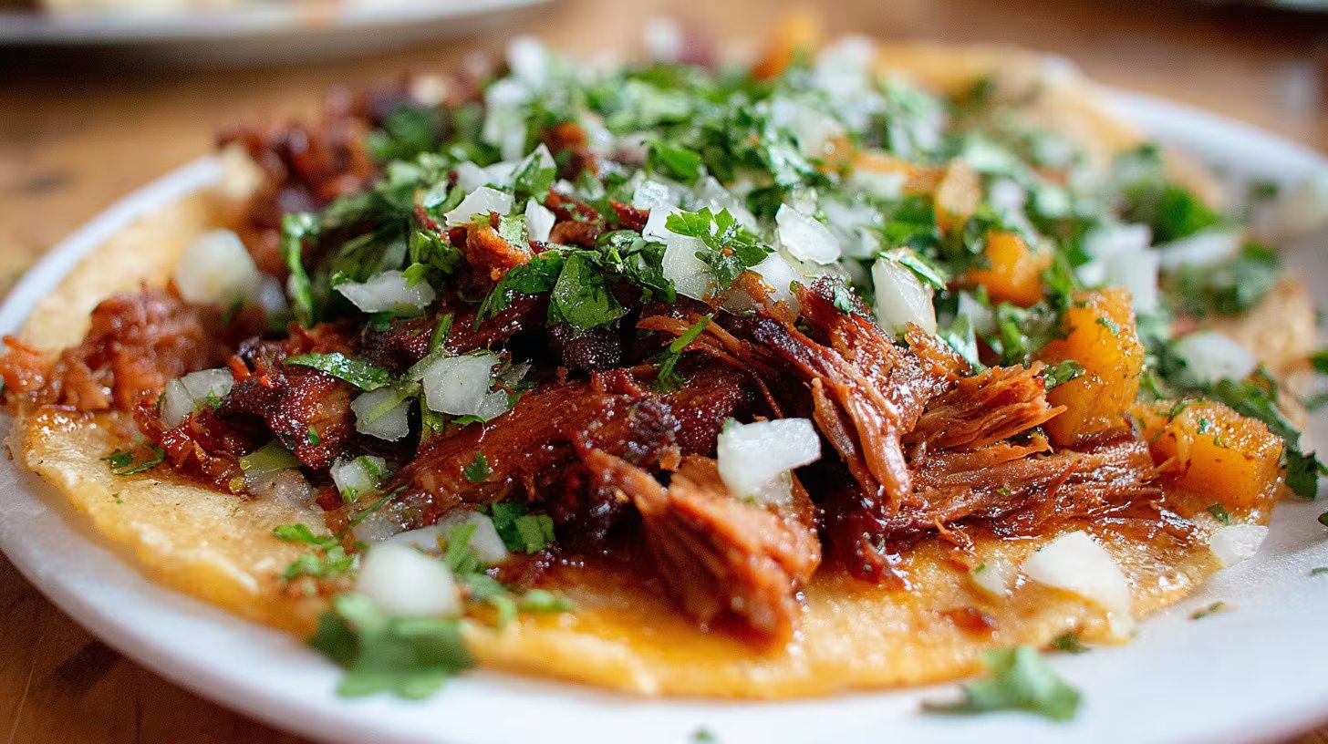Taco al pastor servido con piña, cebolla y cilantro sobre tortilla de maíz, típico de la gastronomía mexicana. - (Imagen Ilustrativa Infobae)