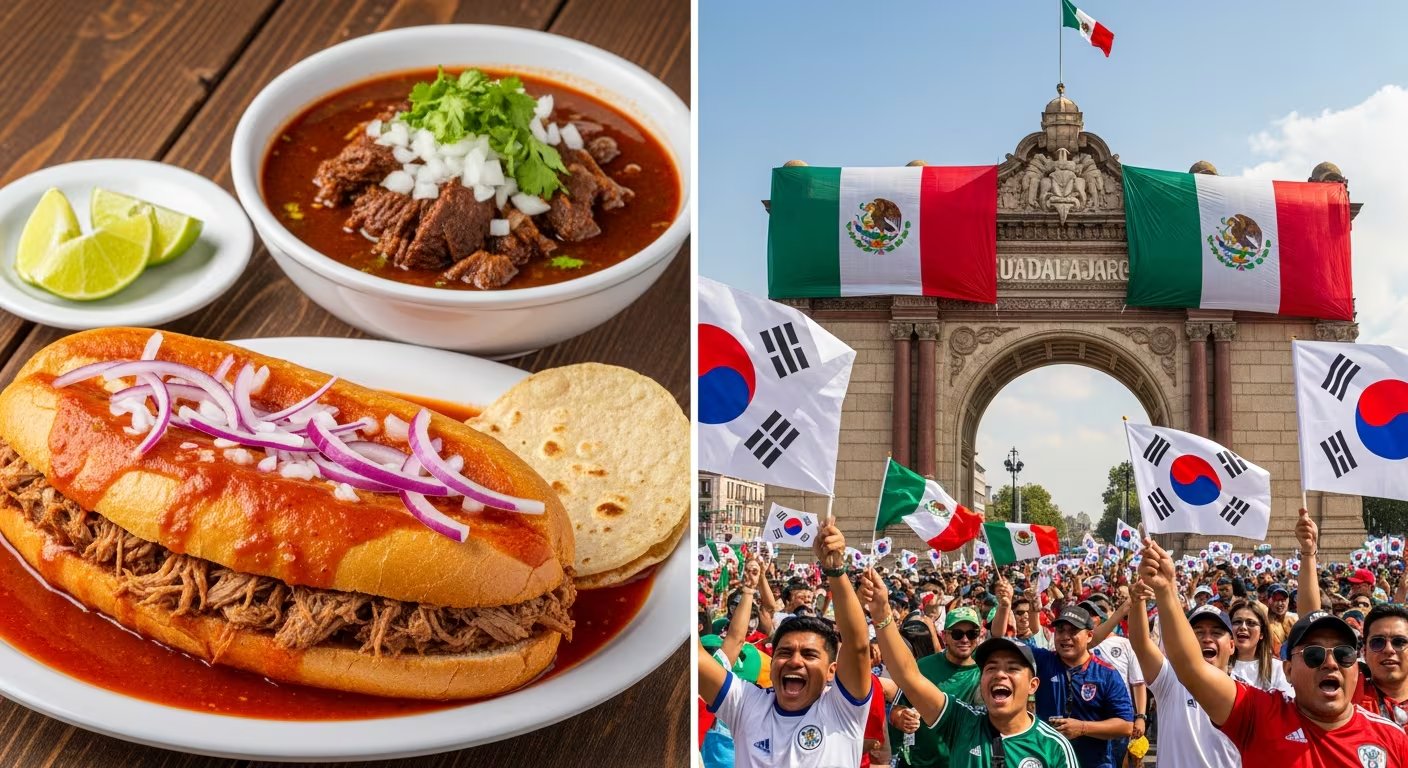 En Guadalajara, asistentes celebran en un fan fest con banderas de México y Corea del Sur, mientras se muestran icónicas tortas ahogadas y un plato de birria. (Imagen Ilustrativa Infobae)