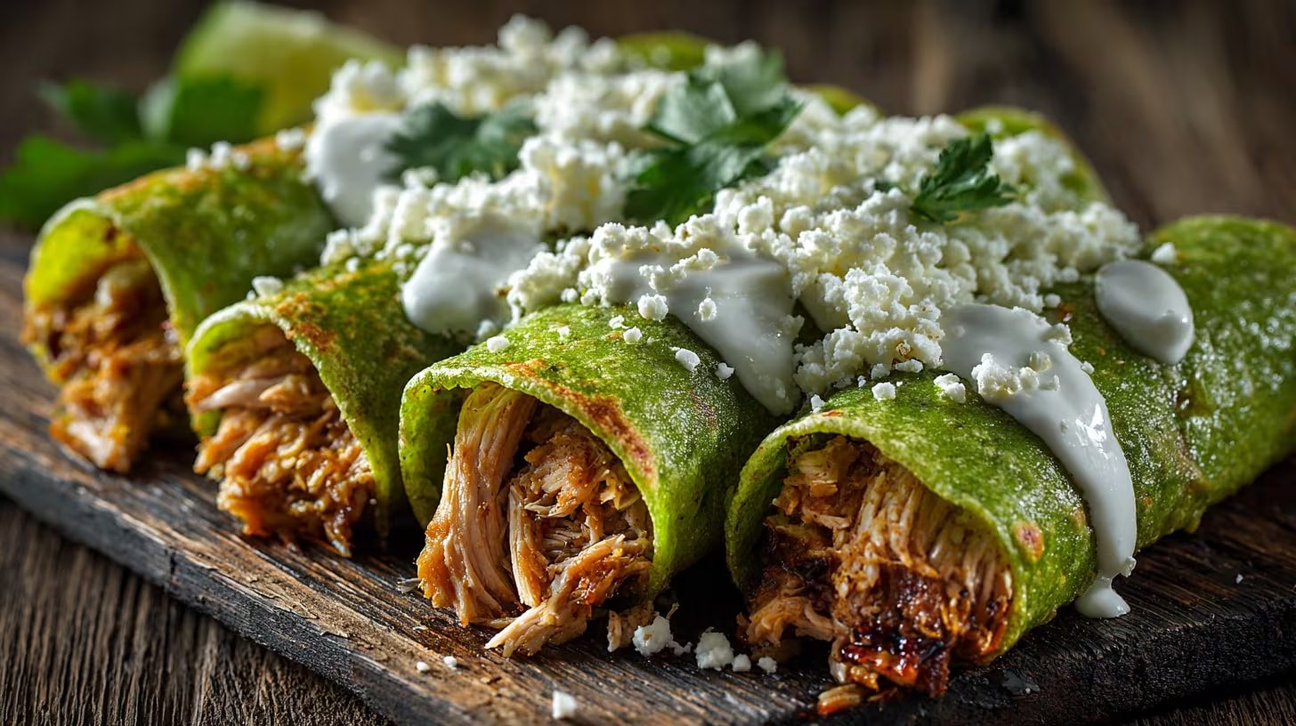 Tacos dorados de tortilla de nopal rellenos de pollo, crujientes, con crema y queso, tradición mexicana llena de sabor. - (Imagen Ilustrativa Infobae)