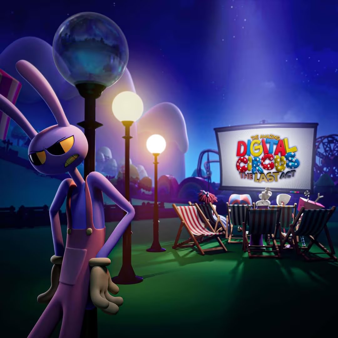 El personaje Jax de Glitch Productions asiste a una proyección de cine al aire libre de 