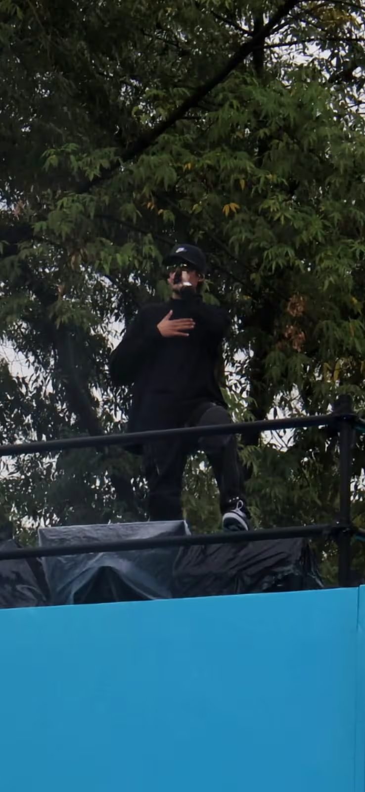 La imagen muestra a un artista musical en una actuación en vivo sobre una plataforma rodeada de follaje. (Selene Miranda/ Infobae México)
