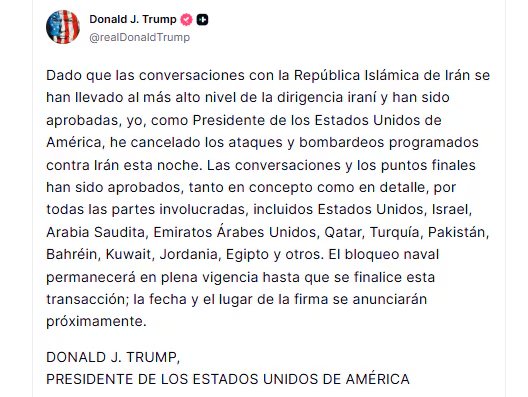 Donald Trump anuncia la cancelación de ataques programados contra Irán después de que las conversaciones con la dirigencia iraní resultaran exitosas y sus puntos finales fueran aprobados por múltiples naciones.