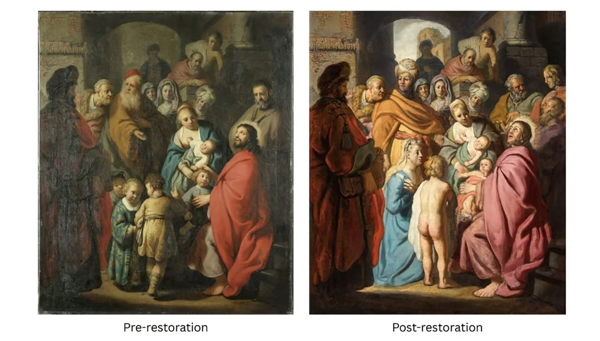 Imagen comparativa que muestra la pintura de Rembrandt antes y después de la restauración. cortesía de Sotheby’s