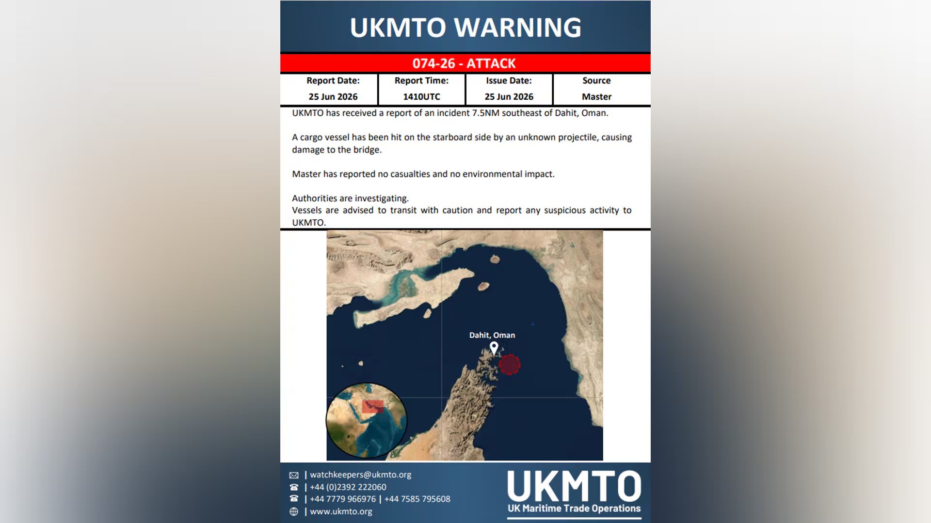 El mensaje de la agencia británica de seguridad marítima UKMTO