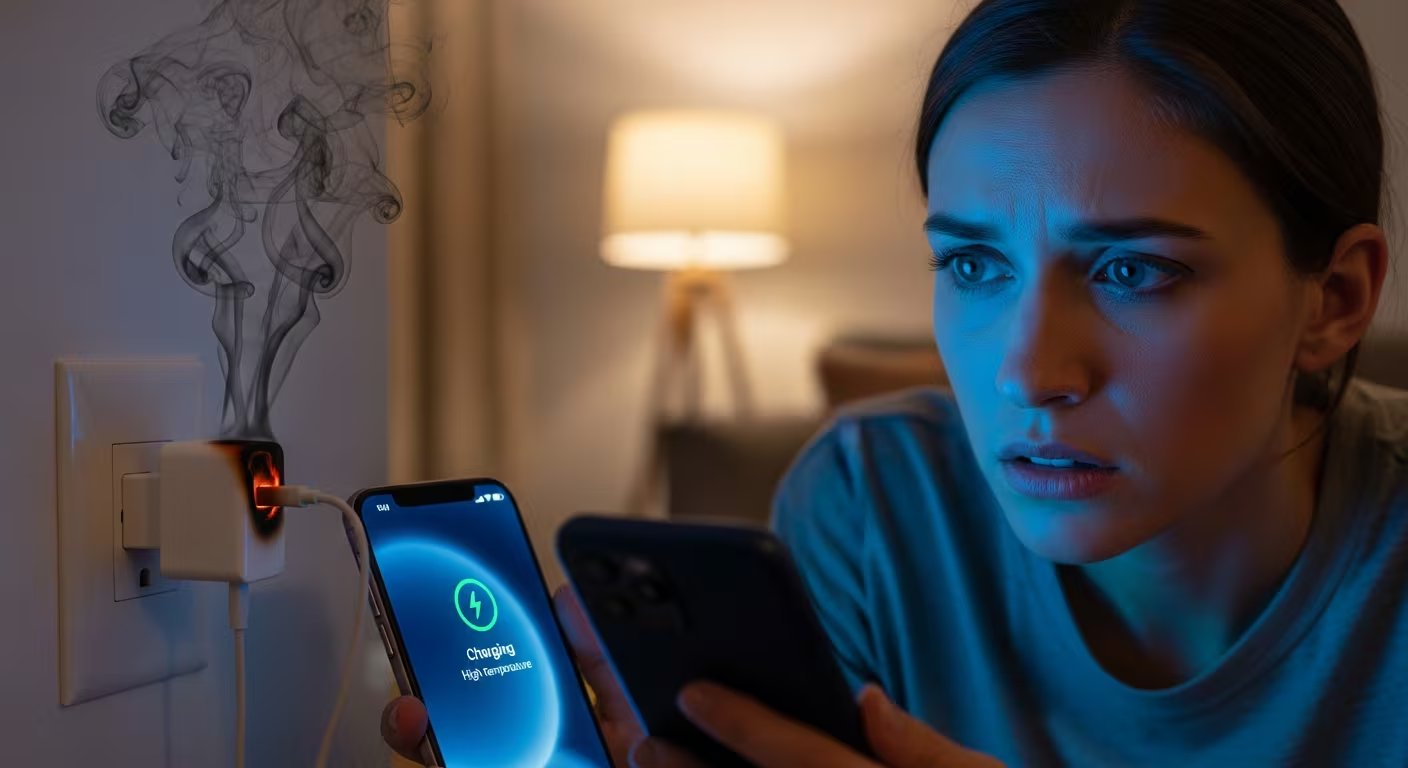 Una mujer observa preocupada cómo su cargador de celular se sobrecalienta y emite humo de la toma de corriente (Imagen Ilustrativa Infobae)