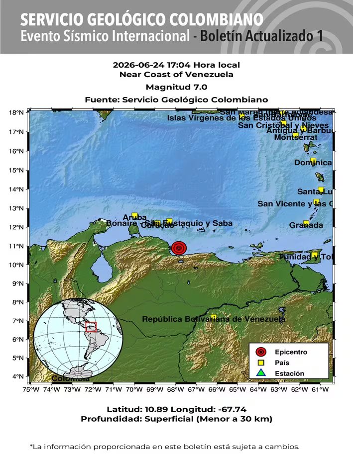 El Servicio Geológico Colombiano validó la ocurrencia de un fuerte terremoto frente a las costas de Venezuela - SGC/X
