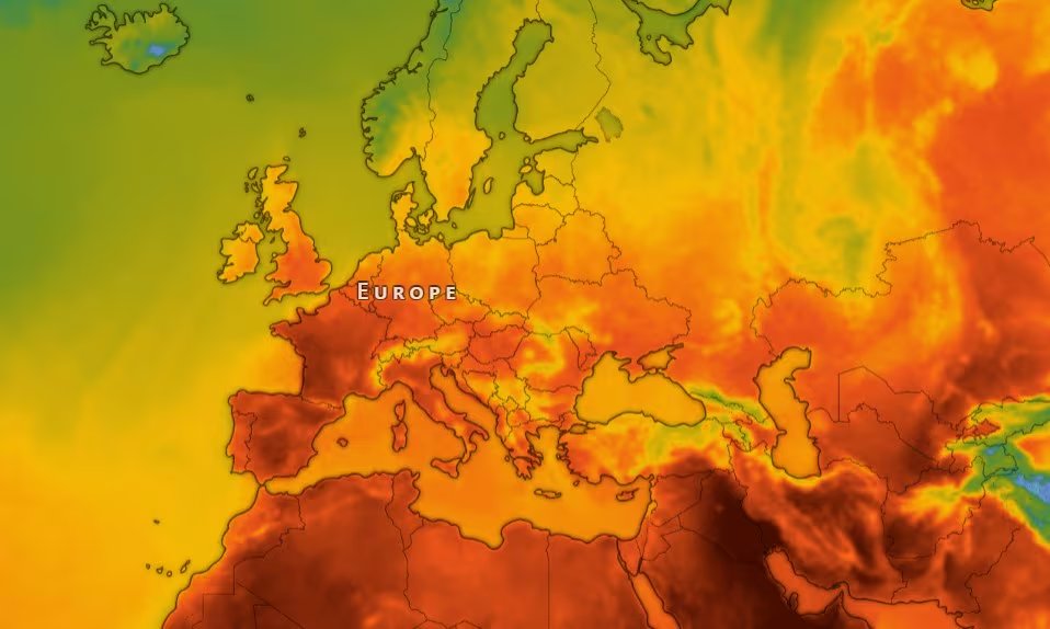 Mapa de temperaturas en Europa, con gran parte del continente en rojo, en medio de la ola de calor que afecta a múltiples países. (Captura de pantalla/Windy)