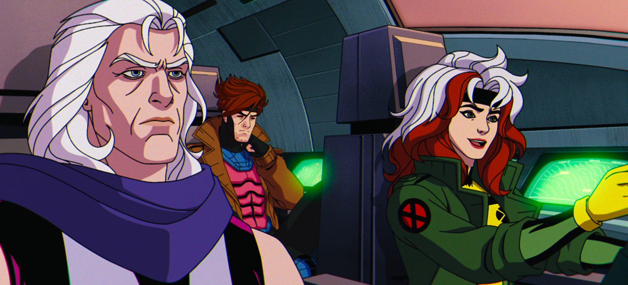(L-R): Magneto (voiced by Matthew Waterson), Gambit (voiced by AJ LoCascio), and Rogue (voiced by Lenore Zann) in Marvel Animation's X-MEN '97. Photo courtesy of Marvel Animation. © 2024 MARVEL.