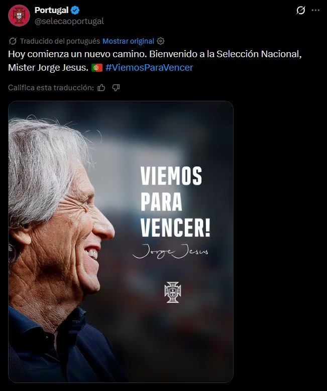 El anuncio oficial de Portugal para darle la bienvenida a Jorge Jesus como flamante entrenador del combinado nacional Luso