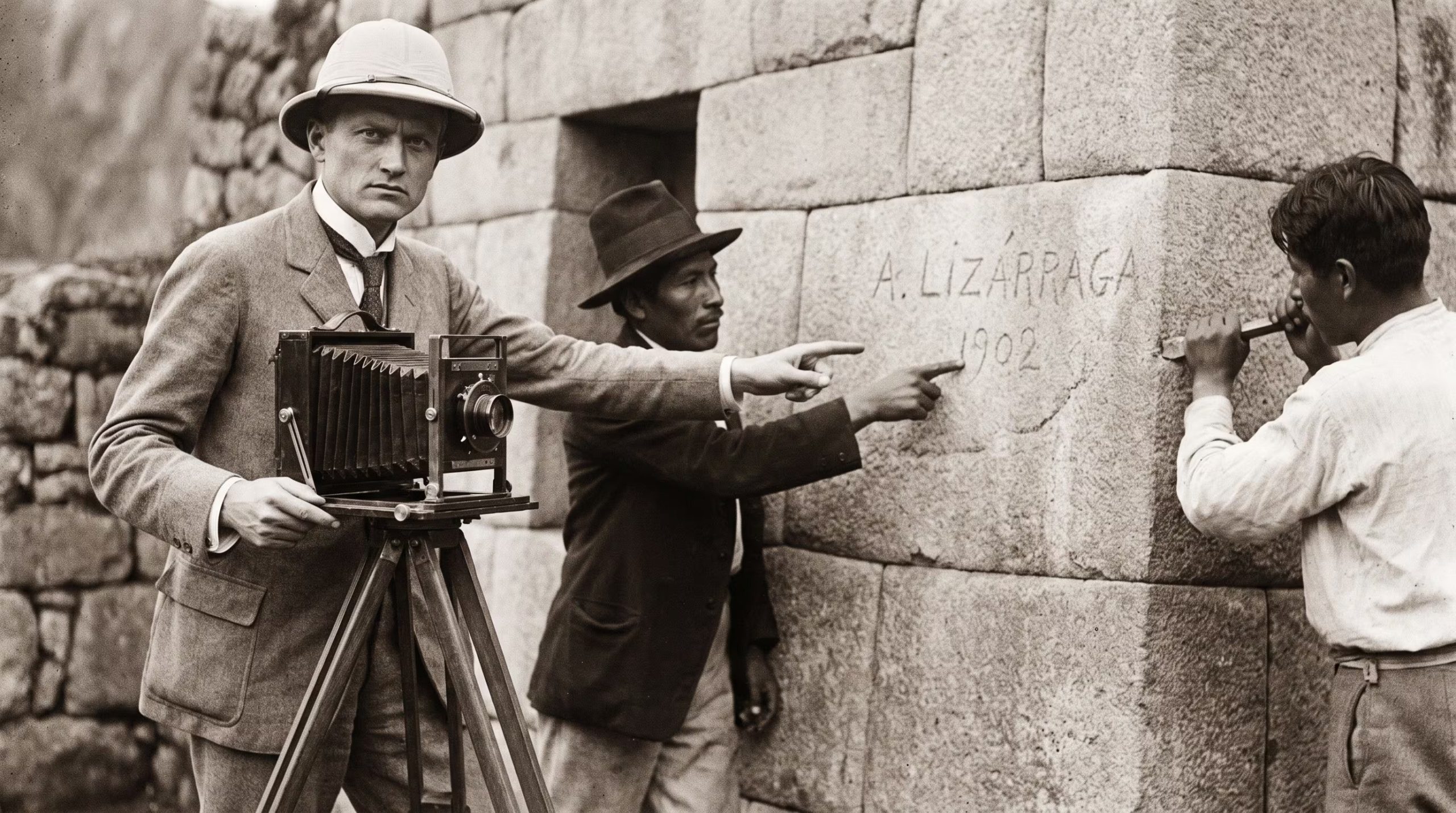 Hiram Bingham, con su cámara, observa a dos hombres mientras uno borra el nombre de Agustín Lizárraga y la fecha 1902 de una pared inca en Machu Picchu, Perú. (Imagen Ilustrativa Infobae)