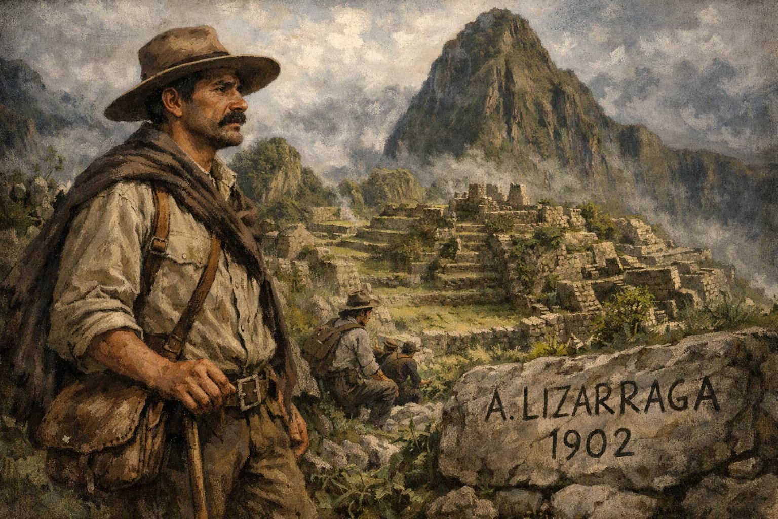 Agustín Lizárraga se representa en una pintura de estilo clásico como el primer explorador que visitó Machu Picchu en 1902, años antes del descubrimiento oficial. (Imagen Ilustrativa Infobae)