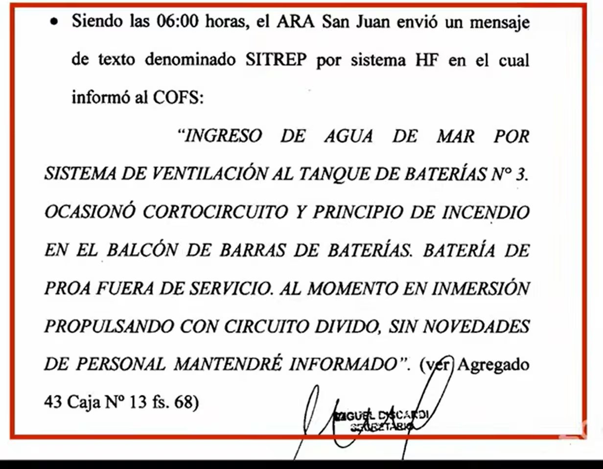 El informe de situación emitido por el San Juan el 15 de noviembre a las 6 de la mañana