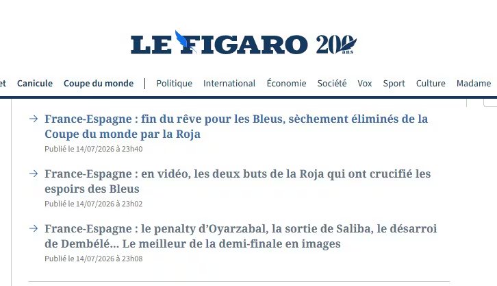 Portada de Le Figaro tras la eliminación de Francia ante España