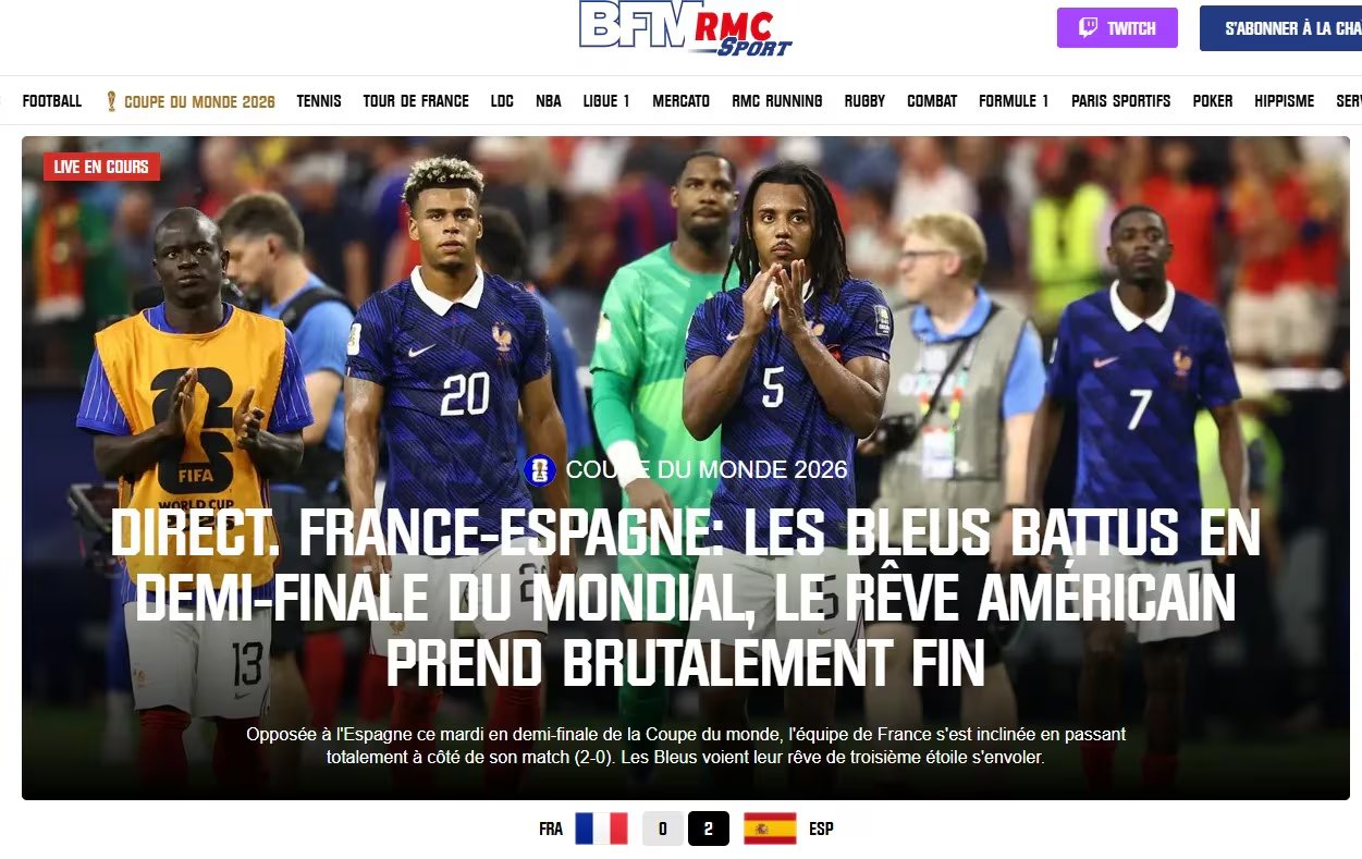 La portada de RMC Sports por la derrota de Francia ante España