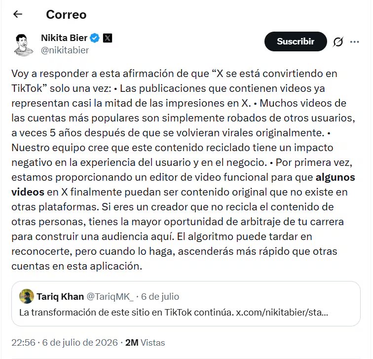 El directivo apuntó que muchas de las cuentas más seguidas de la red publican material robado. (X: nikitabier)