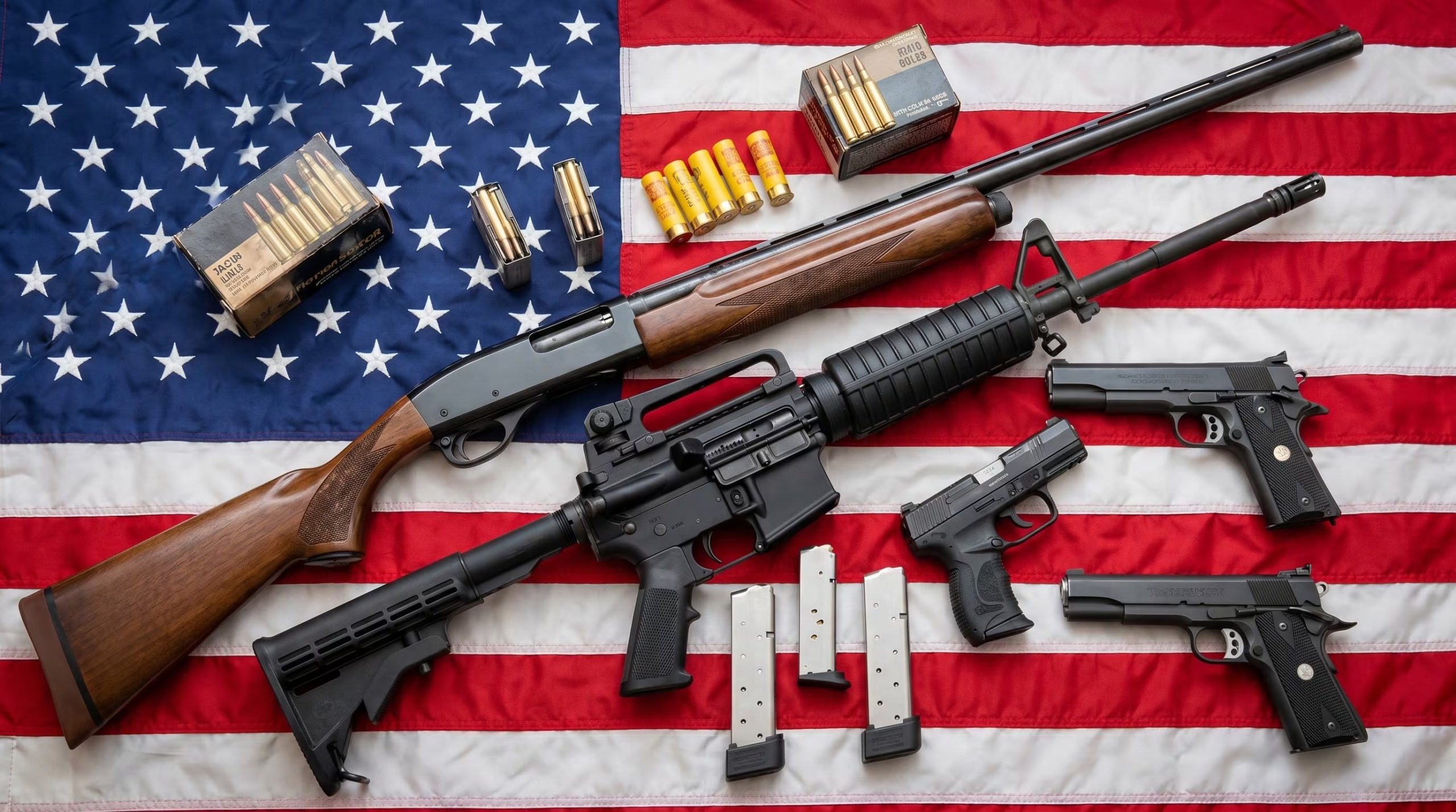 Una colección de rifles, escopetas, pistolas y varias cajas de municiones y cargadores se extiende sobre una bandera de los Estados Unidos. (Imagen Ilustrativa Infobae)
