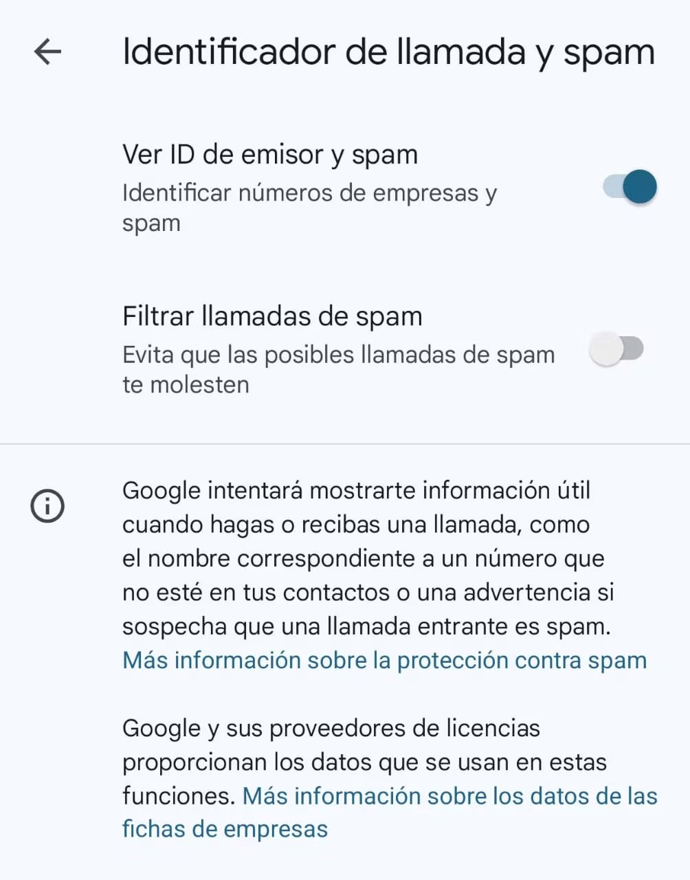 En el aparatado de identificador de llamadas y spam se pueden activar las dos protecciones. (Foto: captura)