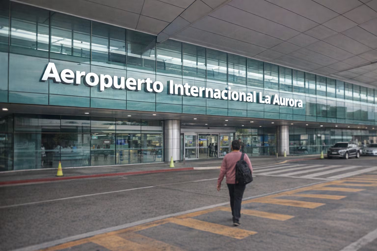 Una persona camina hacia la entrada del Aeropuerto Internacional La Aurora, con el nombre del aeropuerto claramente visible en la fachada de cristal. (Imagen Ilustrativa Infobae)