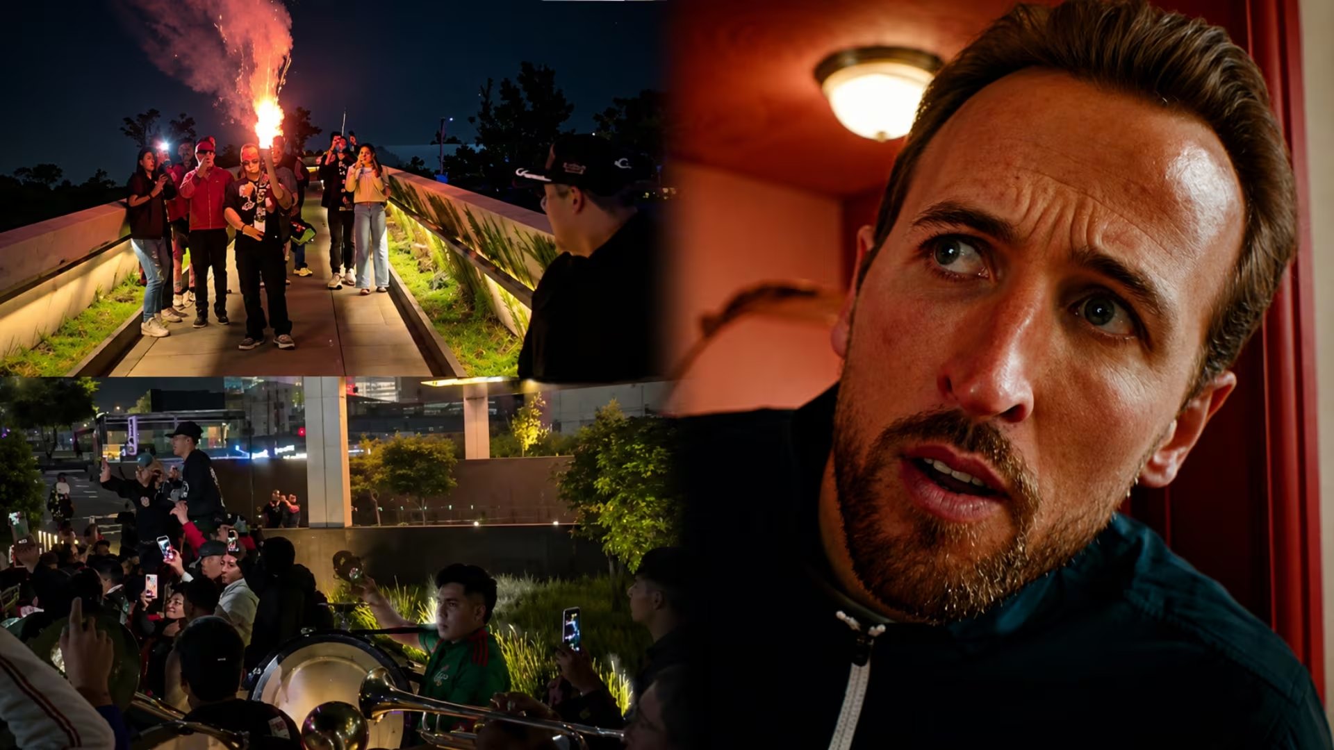 Una afición mexicana lleva una serenata con instrumentos musicales y una bengala afuera del hotel de concentración de la selección de Inglaterra. (Instagram: Harry Kane / X)