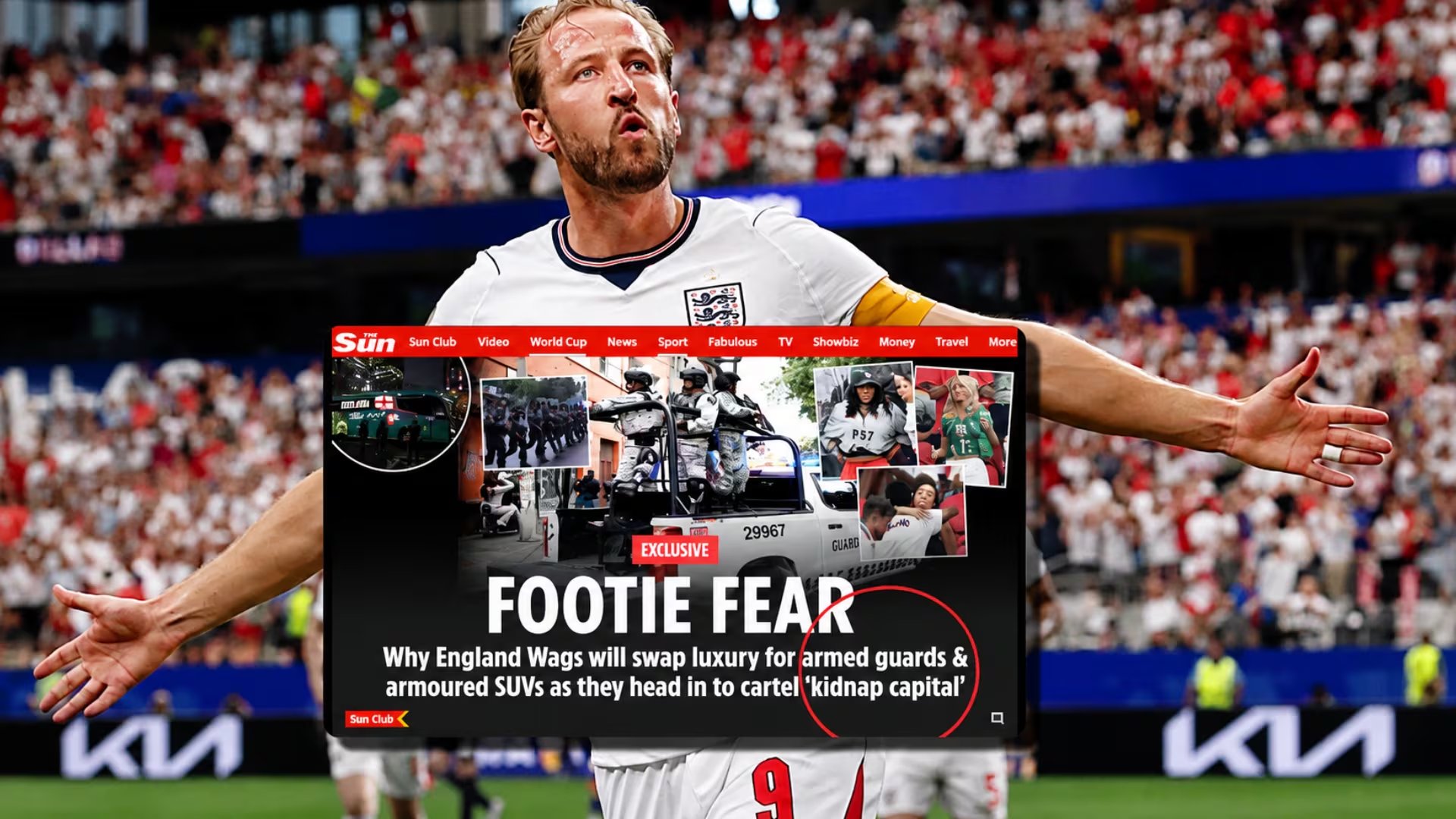 Harry Kane, con la camiseta de la selección inglesa, es el fondo de una publicación del diario The Sun que detalla las medidas de seguridad para las familias de futbolistas en México. (Instagram: Harry Kane / The Sun)