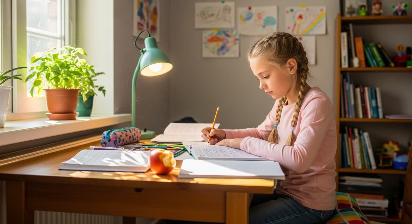 Una niña de 9 años rubia con dos trenzas estudia en su escritorio en casa, escribe en un cuaderno bajo la luz de una lámpara junto a una ventana con plantas. (Imagen Ilustrativa Infobae)