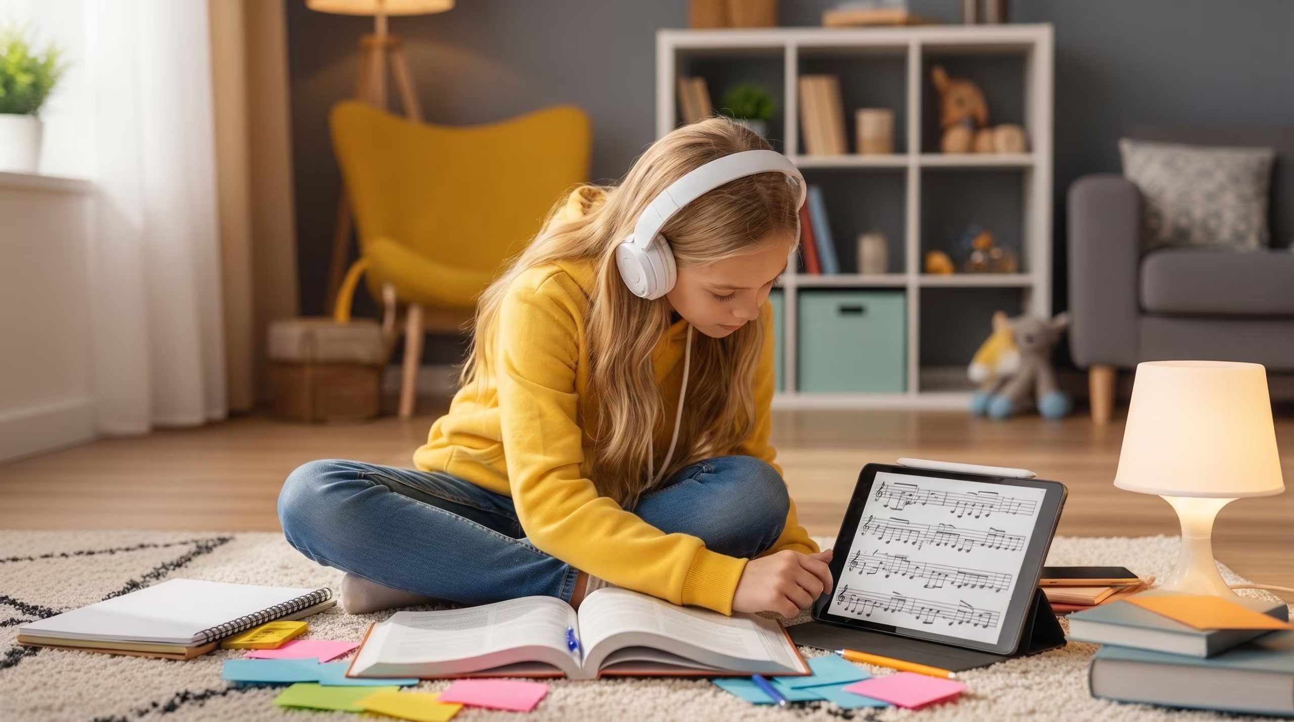 Una niña con auriculares blancos estudia partituras musicales en una tableta, sentada en el suelo de una sala de estar con libros y útiles escolares a su alrededor. (Imagen Ilustrativa Infobae)