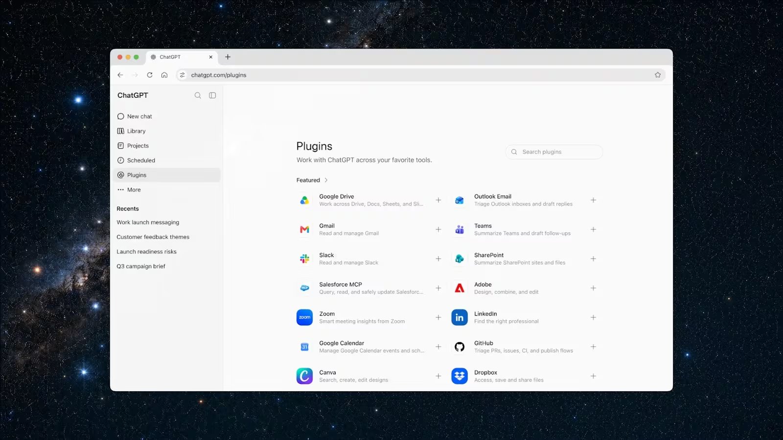 Conecta con Slack, Microsoft Teams, Google Drive, SharePoint, Gmail y calendarios, entre otras plataformas. (OpenAI)
