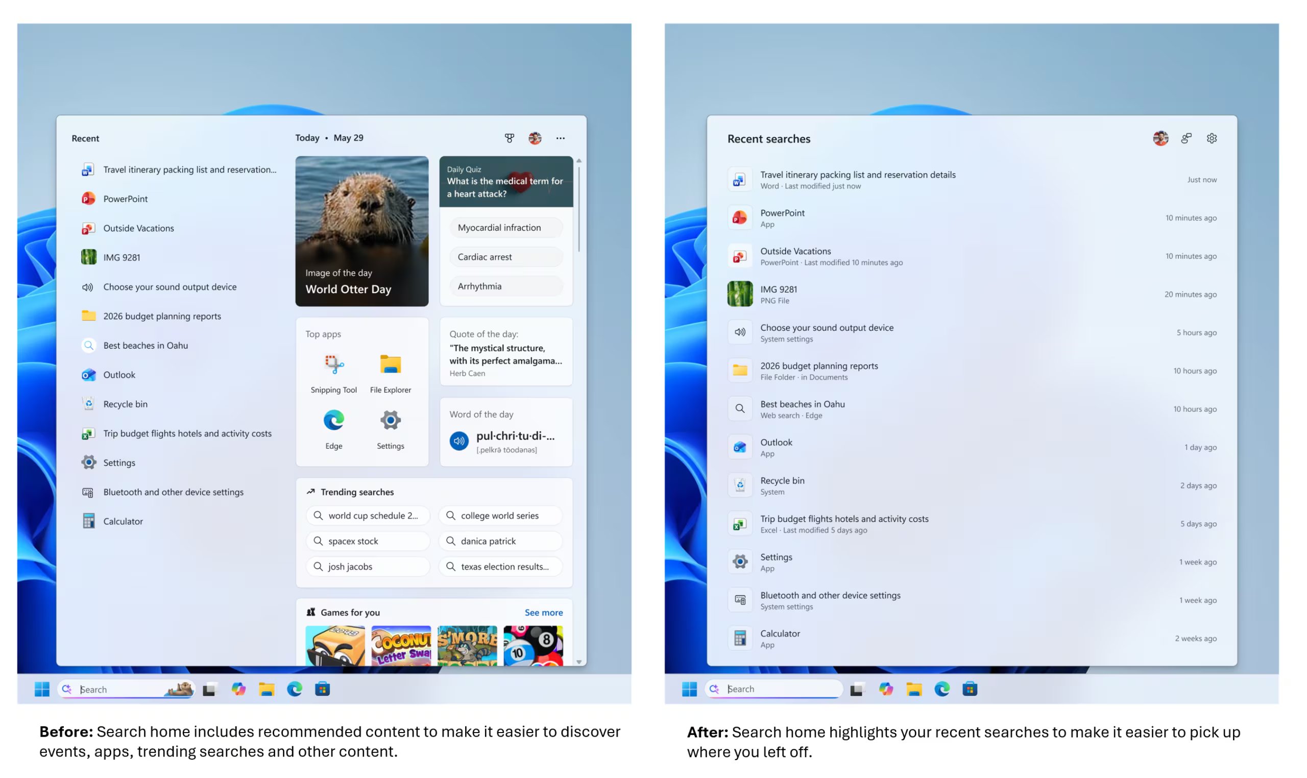 La nueva barra de búsqueda de Windows 11 prioriza aplicaciones, archivos y configuraciones del dispositivo por encima de los enlaces web.