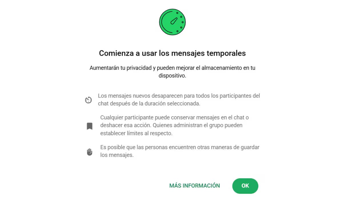 En chats donde no importa guardar el historial, los mensajes temporales evitan tener que limpiar a mano. (WhatsApp)