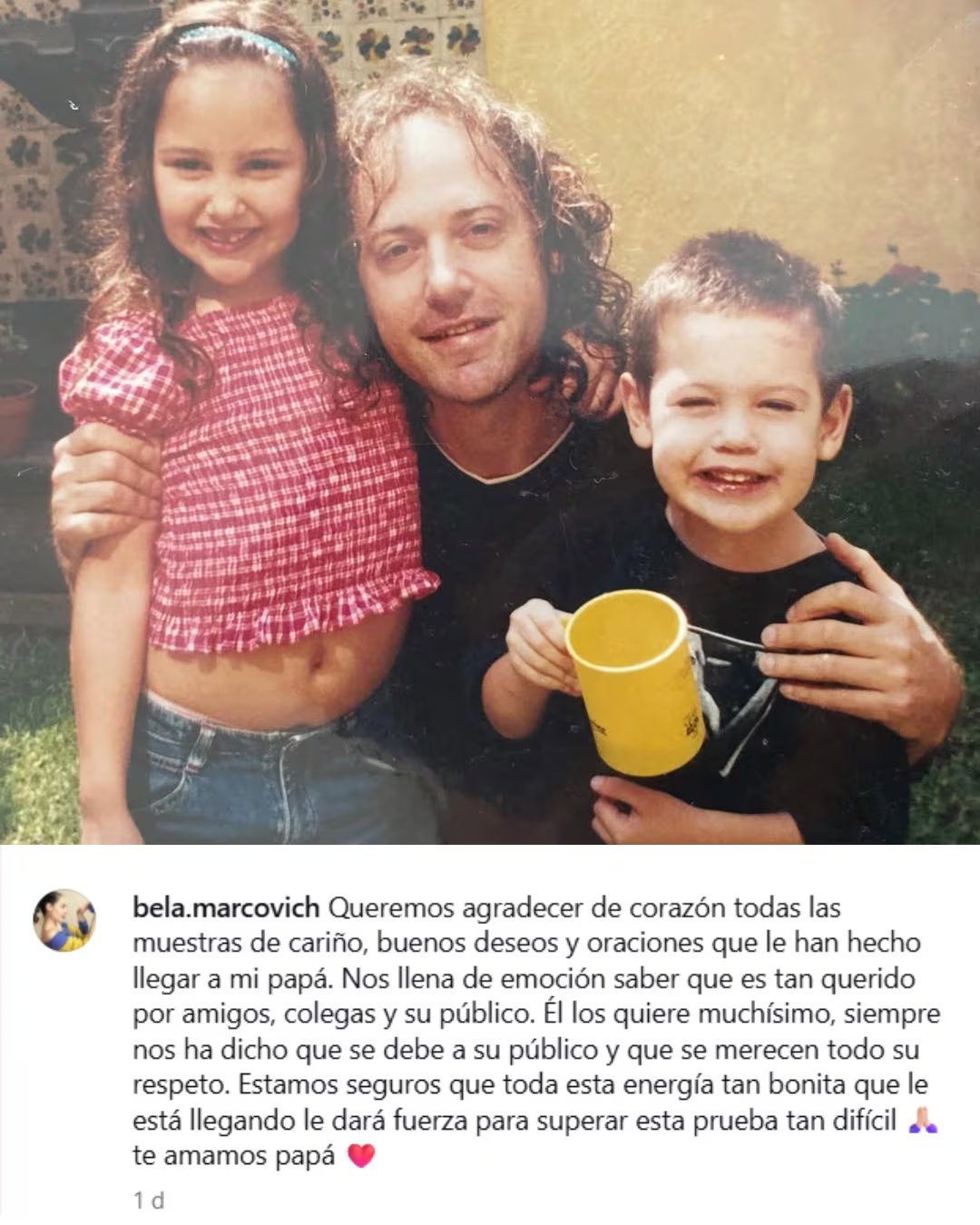 Bela Marcovich, hija del músico Alejandro Marcovich, compartió esta tierna imagen familiar para agradecer el apoyo y cariño recibido por su padre tras su reciente derrame cerebral. (Bela Marcovich: Instagram)