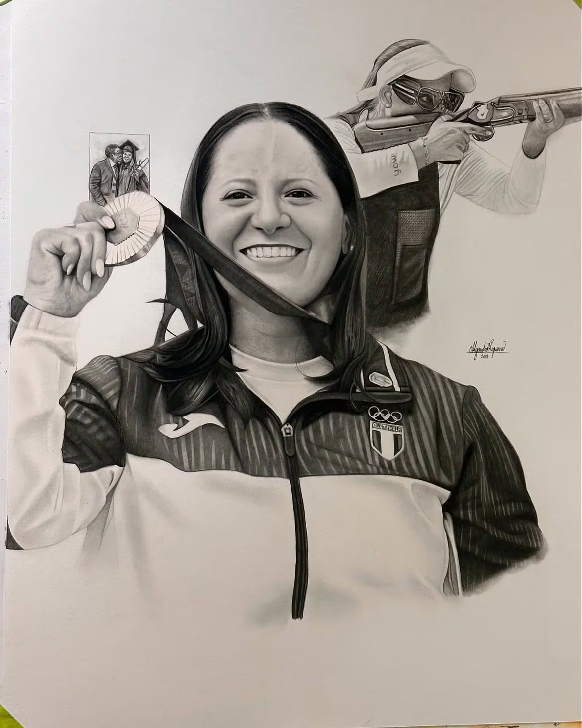 Retrato a lápiz de la medallista de oro guatemalteca Adriana Ruano. (Infobae Centroamérica/Cortesía Alejandro Requena)